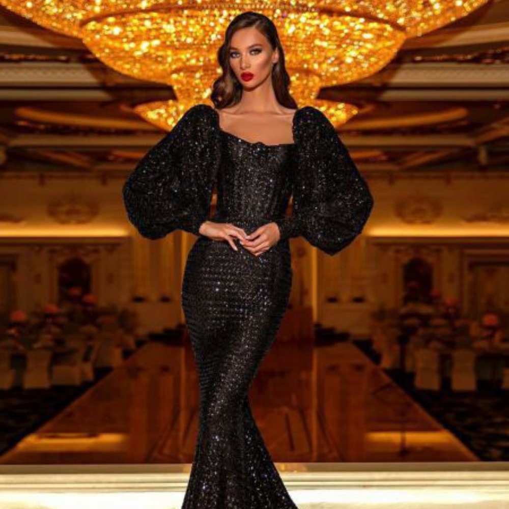 Lantern Sleeve Fishtail Hem Black Sequin Evening D